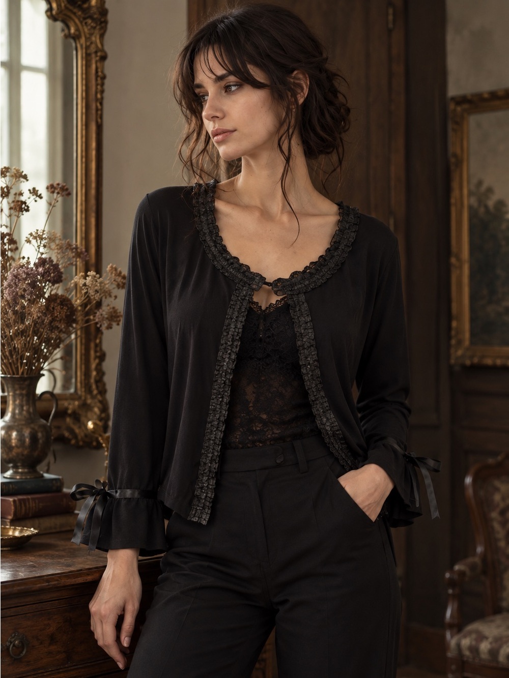 Black cardigan Satin Trim Sequins Whimsigoth Dark Romantic Tie Front Coquette